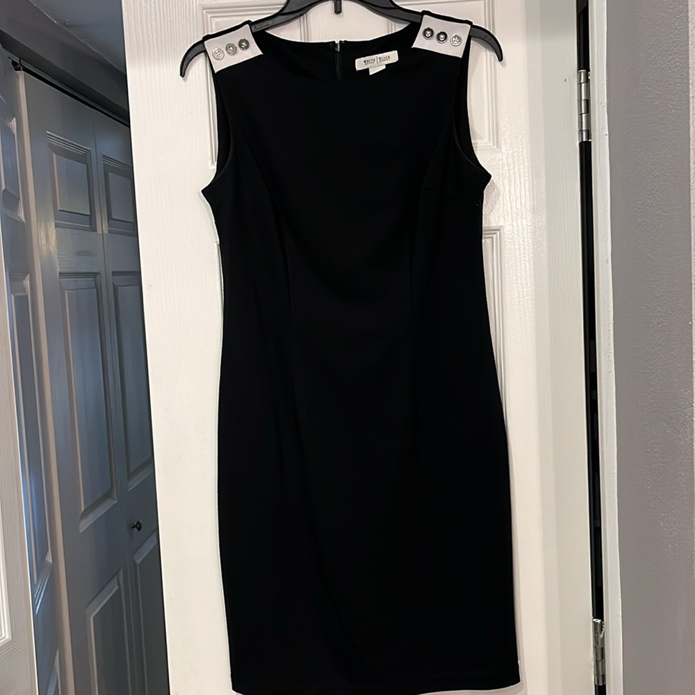 White House Black Market Black Sleeveless Dress White accent with silver button